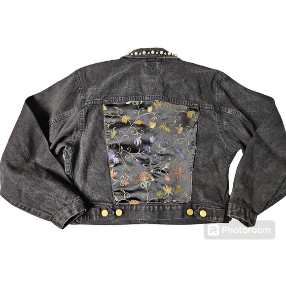 Liz Claiborne Vintage Lizwear Black Denim Jacket Pearls Japanese Flowers - Picture 1 of 12